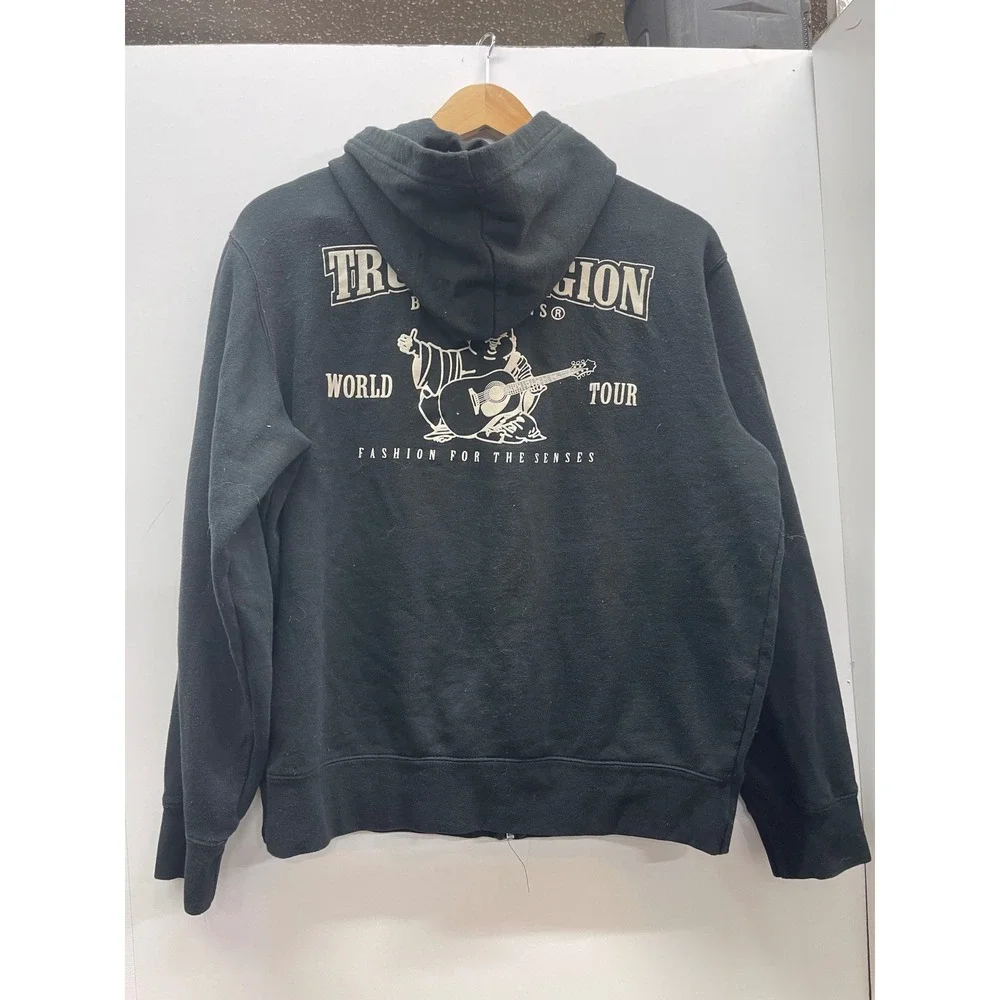True Religion VTG Men's Black World Tour Buddha Logo Zip Up Hoodie Sweatshirt